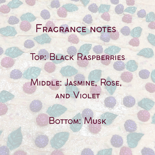 Fragrance notes text overlay on a berry patterned background