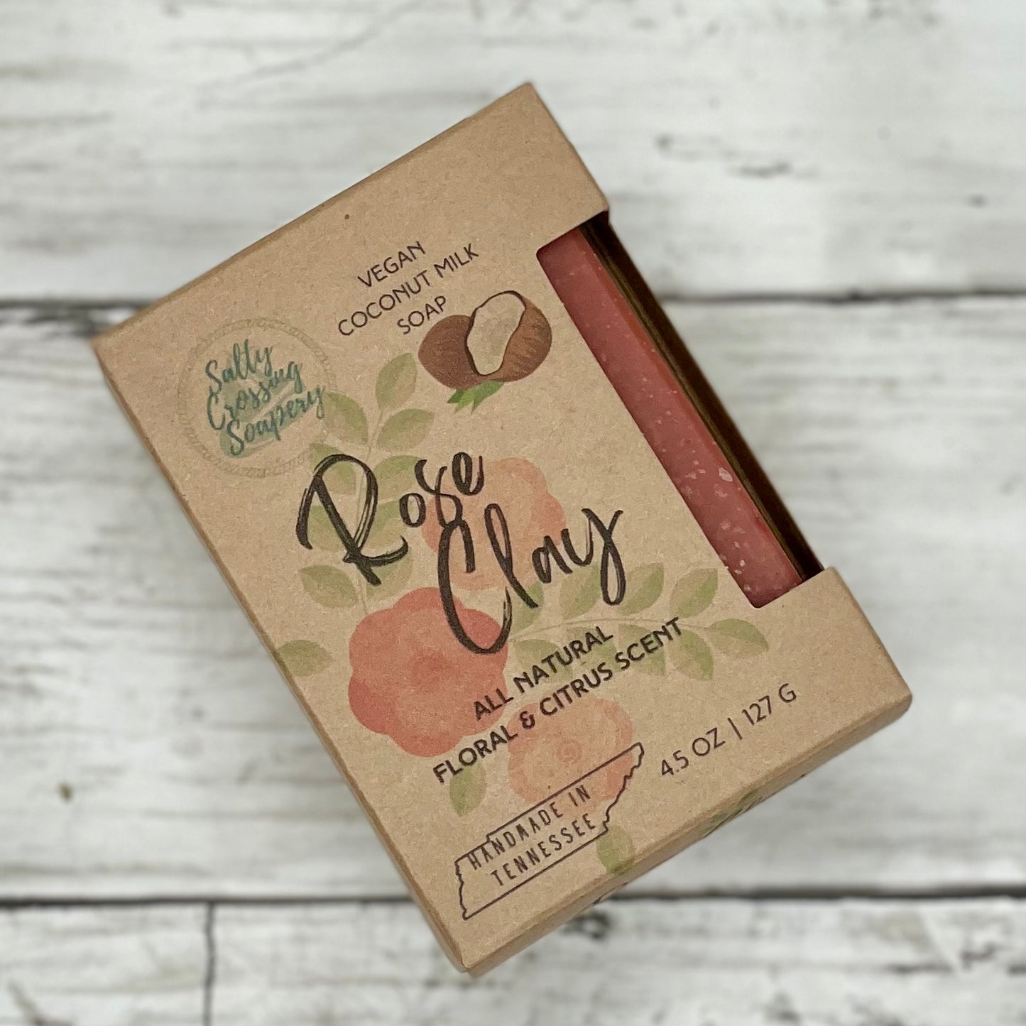rose clay coconut milk soap in kraft box