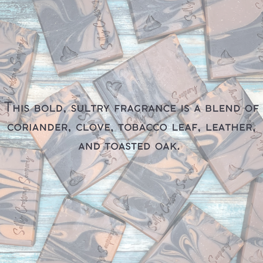 Scent notes graphic. Text says this bold, sultry fragrance is a blend of coriander, clove, tobacco leaf, leather, and toasted oak.