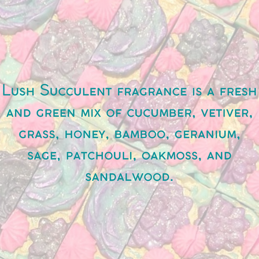 Lush Succulent fragrance is a fresh and green mix of cucumber, vetiver, grass, honey, bamboo, geranium, sage, patchouli, oakmoss, and sandalwood. Graphic.