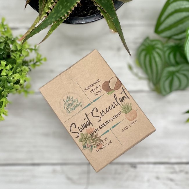 sweet succulent coconut milk soap in box. handmade in tennessee.