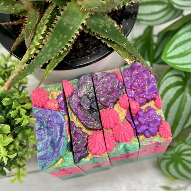sweet succulent coconut milk soaps arranged with plants