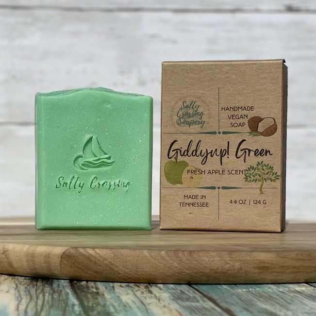 giddyup green coconut milk artisan soap with kraft color box. handmade in tennessee.