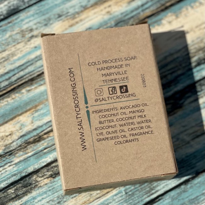 back of giddyup green soap box. cold process soap handmade in maryville tennessee. ingredients list.