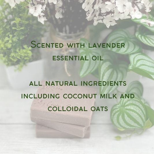 graphic. scented with lavender essential oil. all natural ingredients including coconut milk and colloidal oats.