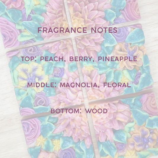 Pastel floral design with fragrance notes text overlay