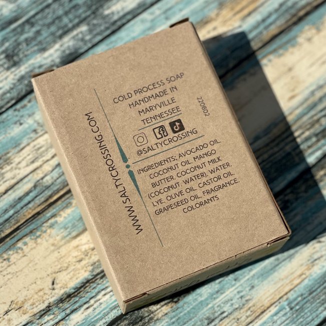 back of yippee yellow soap box. cold process soap handmade in maryville tennessee. ingredients list.