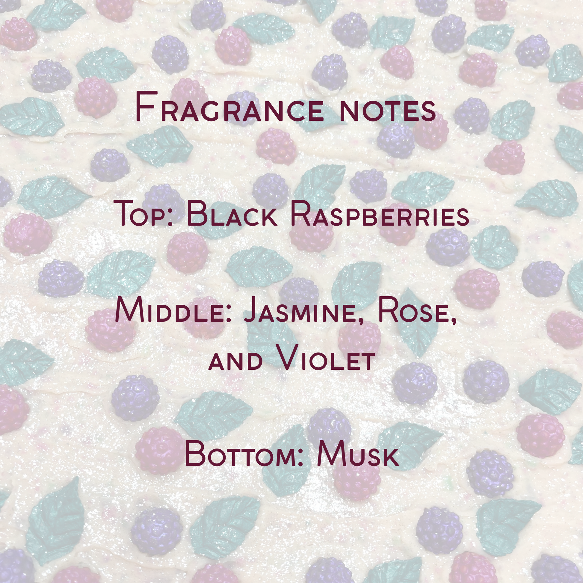 Fragrance notes text overlay on a berry patterned background