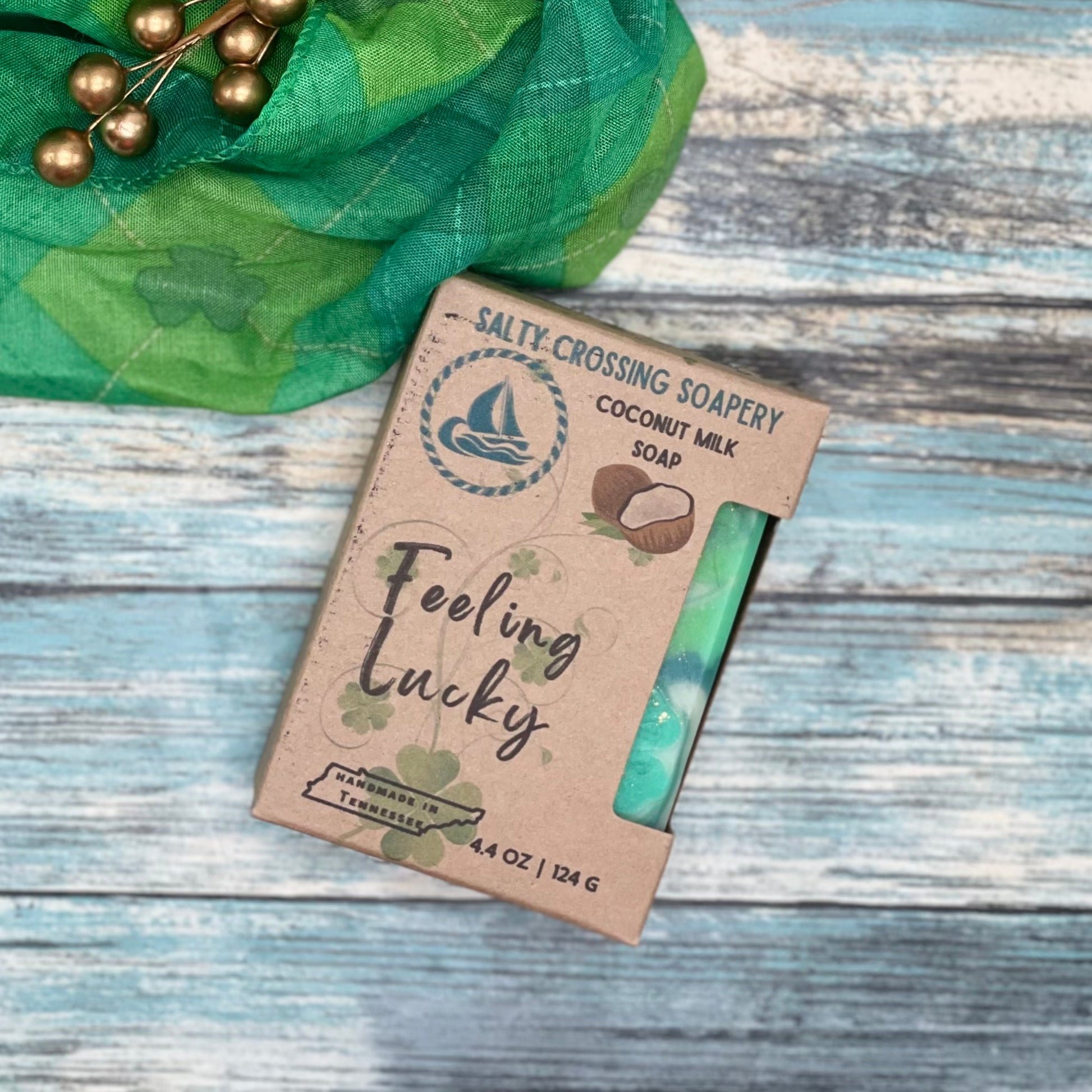 Feeling lucky soap in box. Kraft paperboard box with color text and graphics.