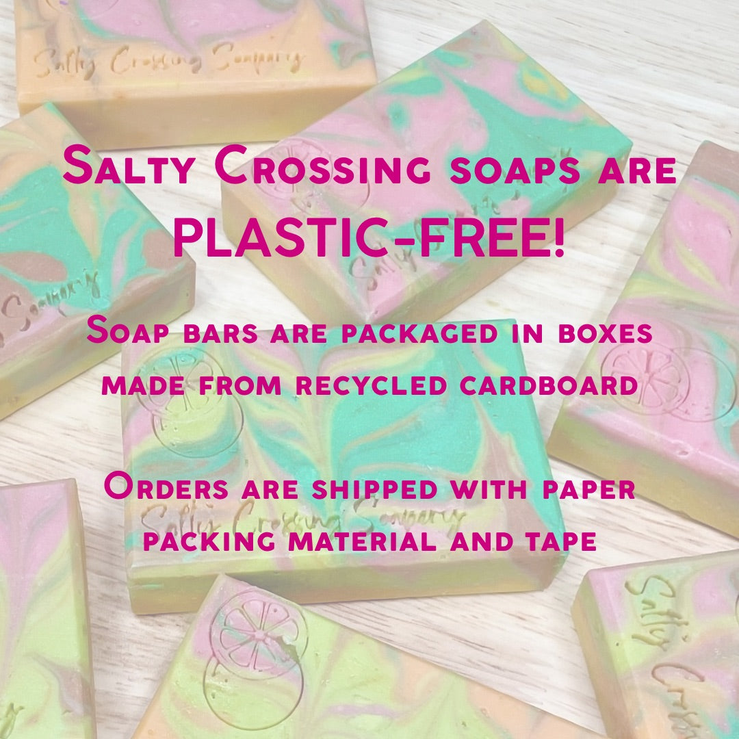 soap bars with the text salty crossing soaps are plastic-free. soap bars are packaged in boxes made from recycled cardboard. orders shipped with paper packing material and tape.