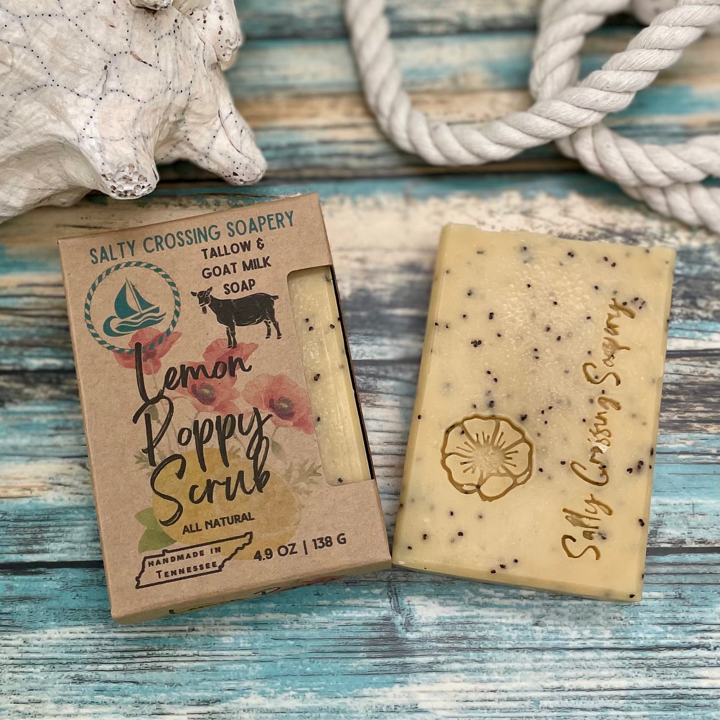 Bar of soap with packaging on a wooden surface