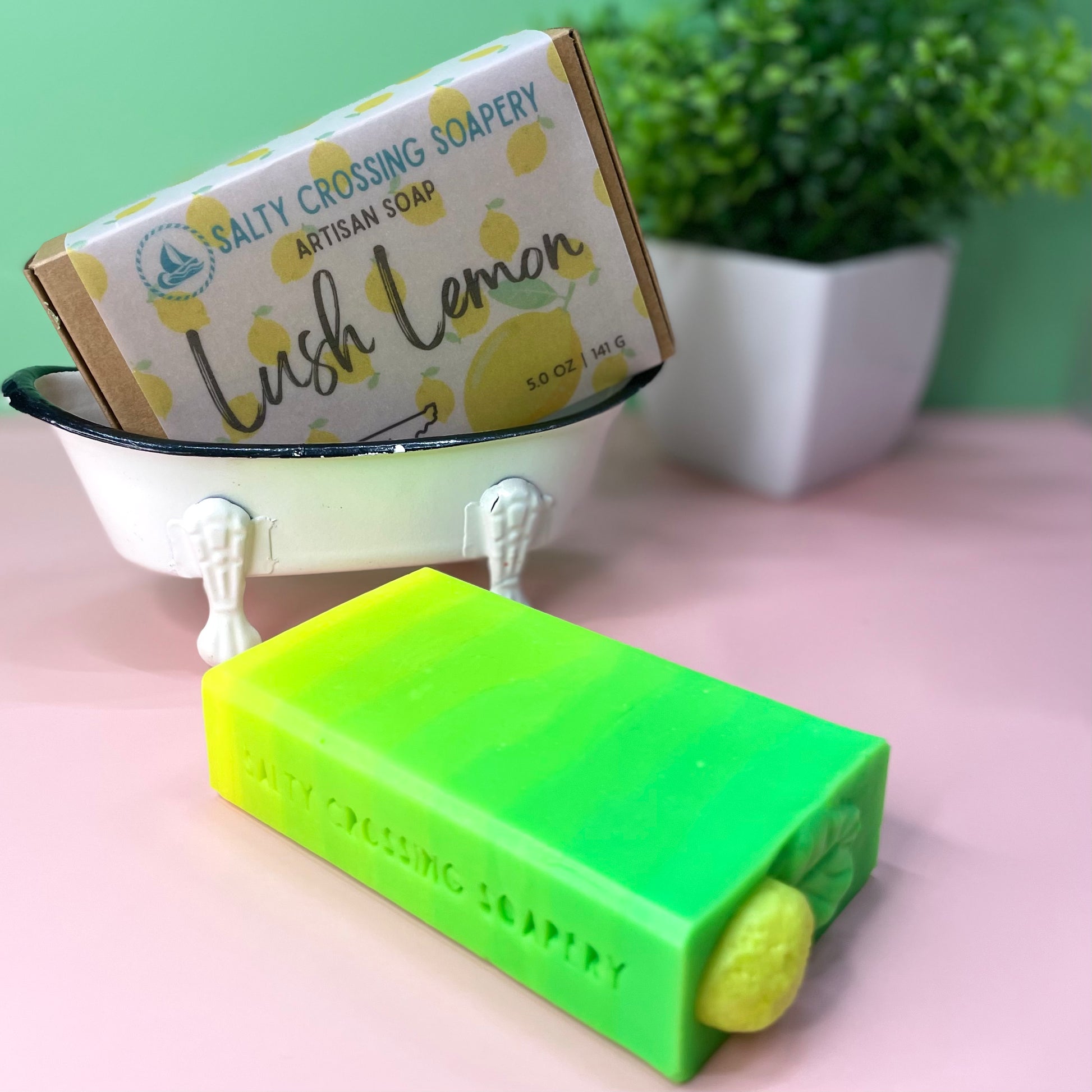 Neon yellow and green soap bar with lemon on top