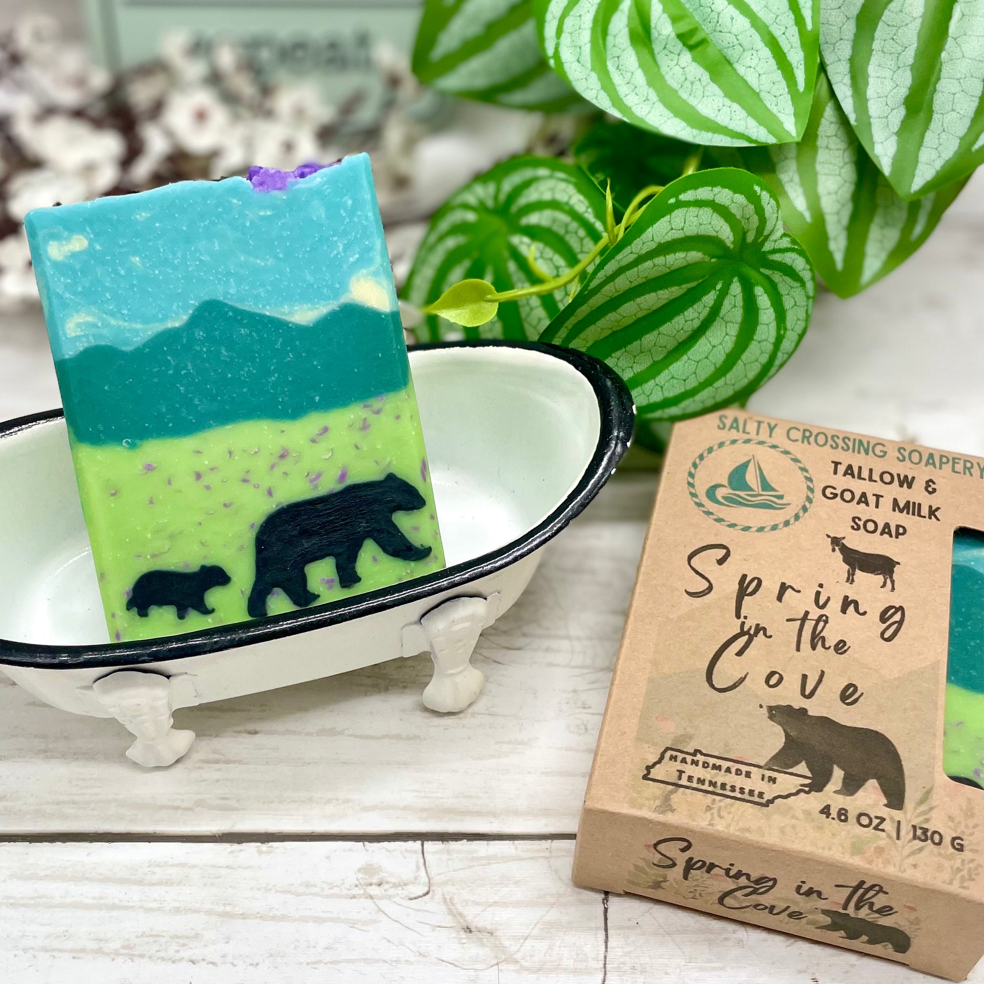 Bar of soap with bear design in a small bathtub, next to a box labeled 'Spring in the Cove'.