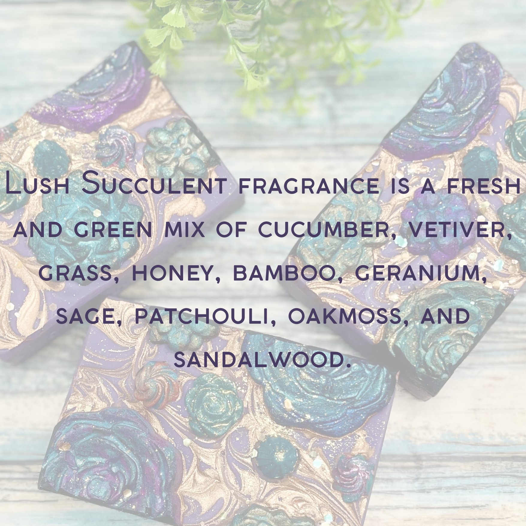 Fragrance notes graphic. Lush succulent fragrance is a fresh and green mix of cucumber votives grass honey bamboo geranium sage patchouli oak moss and sandalwood. 