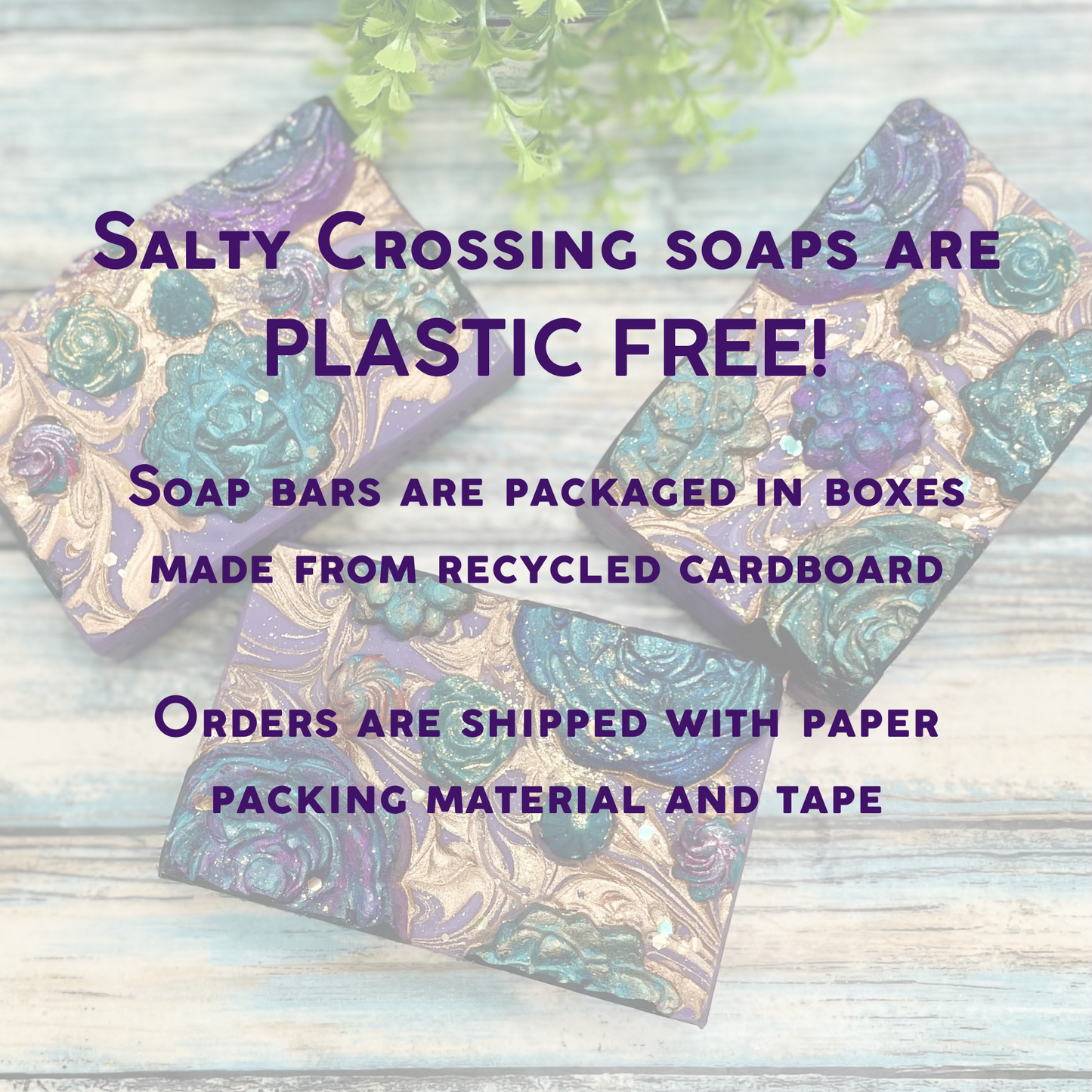 Soap bars in decorative boxes with text about plastic-free packaging and eco-friendly shipping methods.