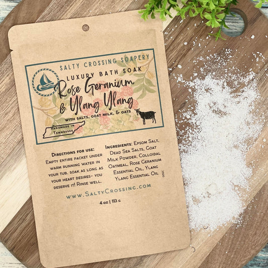 Rose Geranium & Ylang Ylang Luxury Bath Soak | Salts, Goat Milk & Colloidal Oatmeal | Handmade in Tennessee