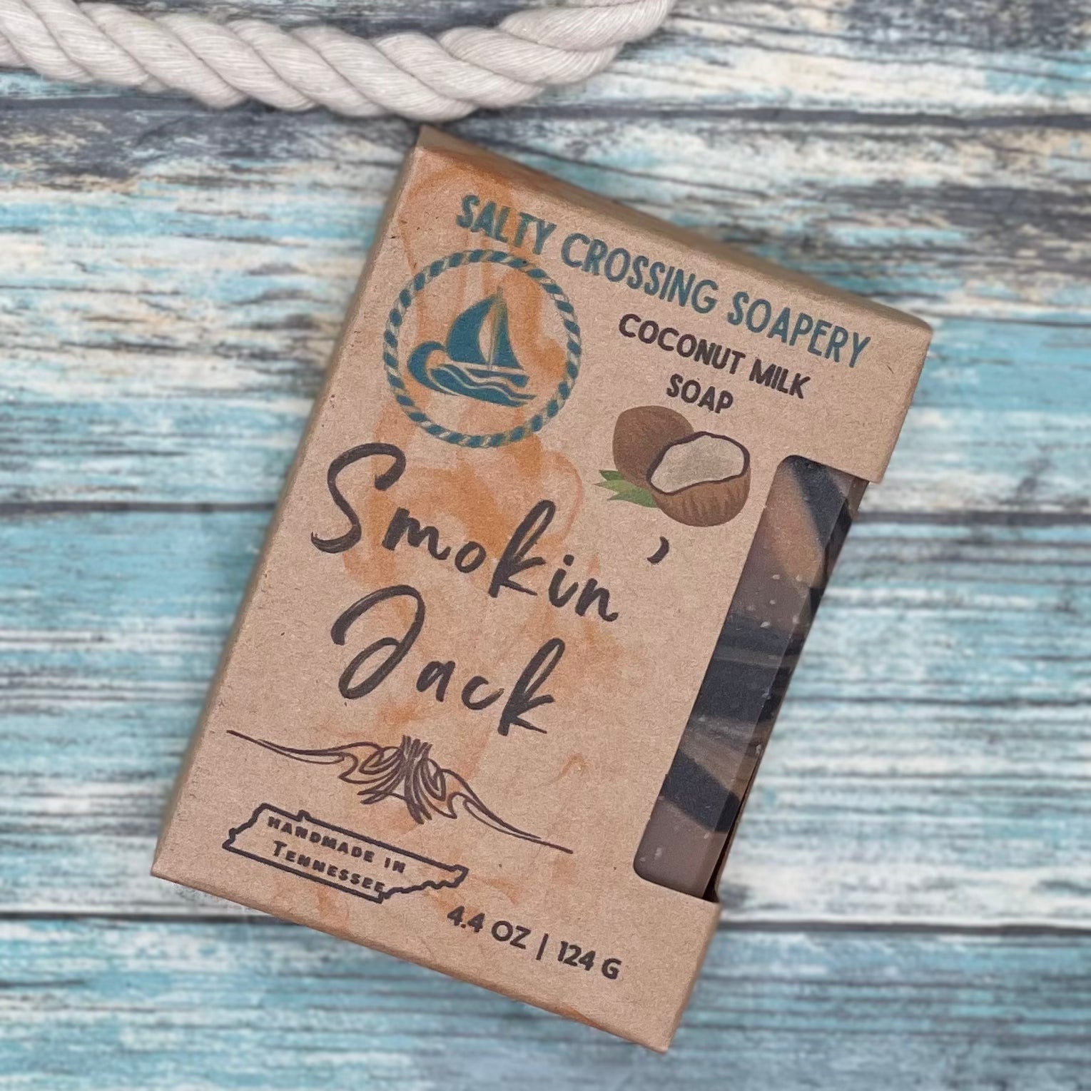 Smokin jack soap for men in box. Close up. Box in kraft paperboard with color text and graphics.