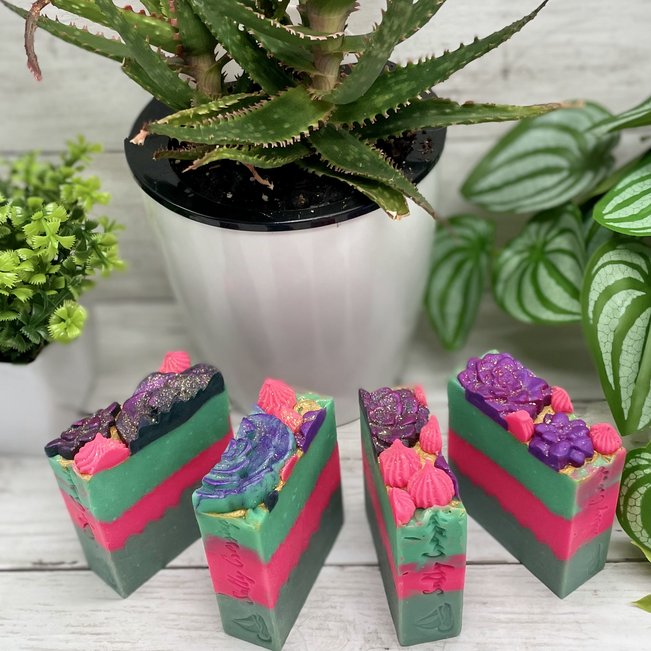 sweet succulent coconut milk soaps arranged with plants