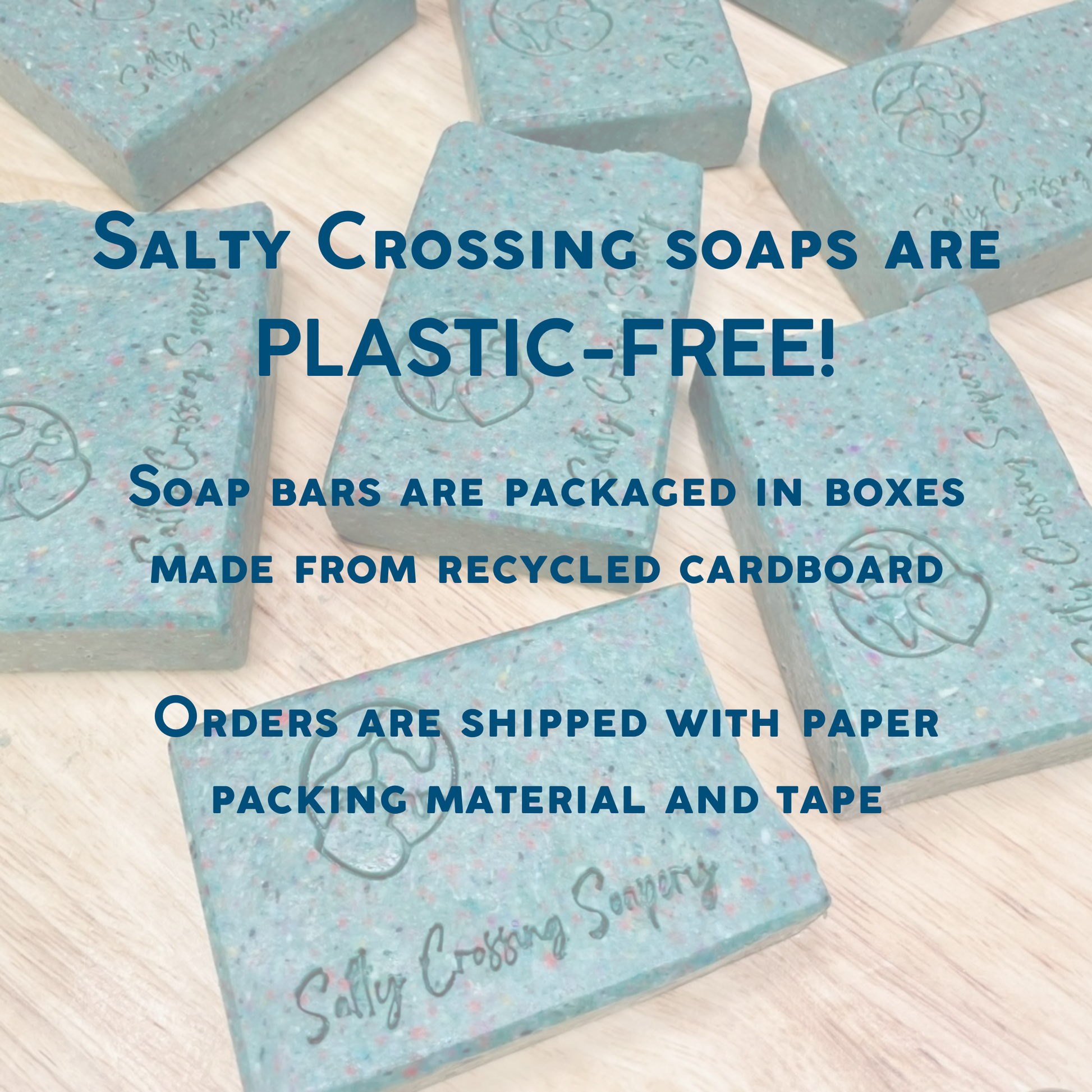 Plastic-free soap bars with text about packaging and shipping methods. soap bars are packaged in boxes made from recycled cardboard. orders are shipped with paper packing material and tape.