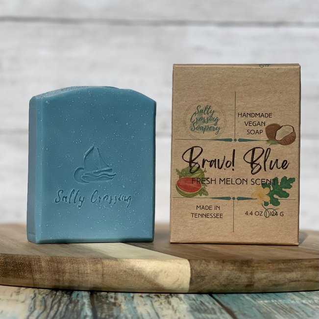 bravo blue coconut milk artisan soap with box. blue soap bar with sailboat and salty crossing stamped on front. kraft colored box printed with watermelon and handmade in tennessee