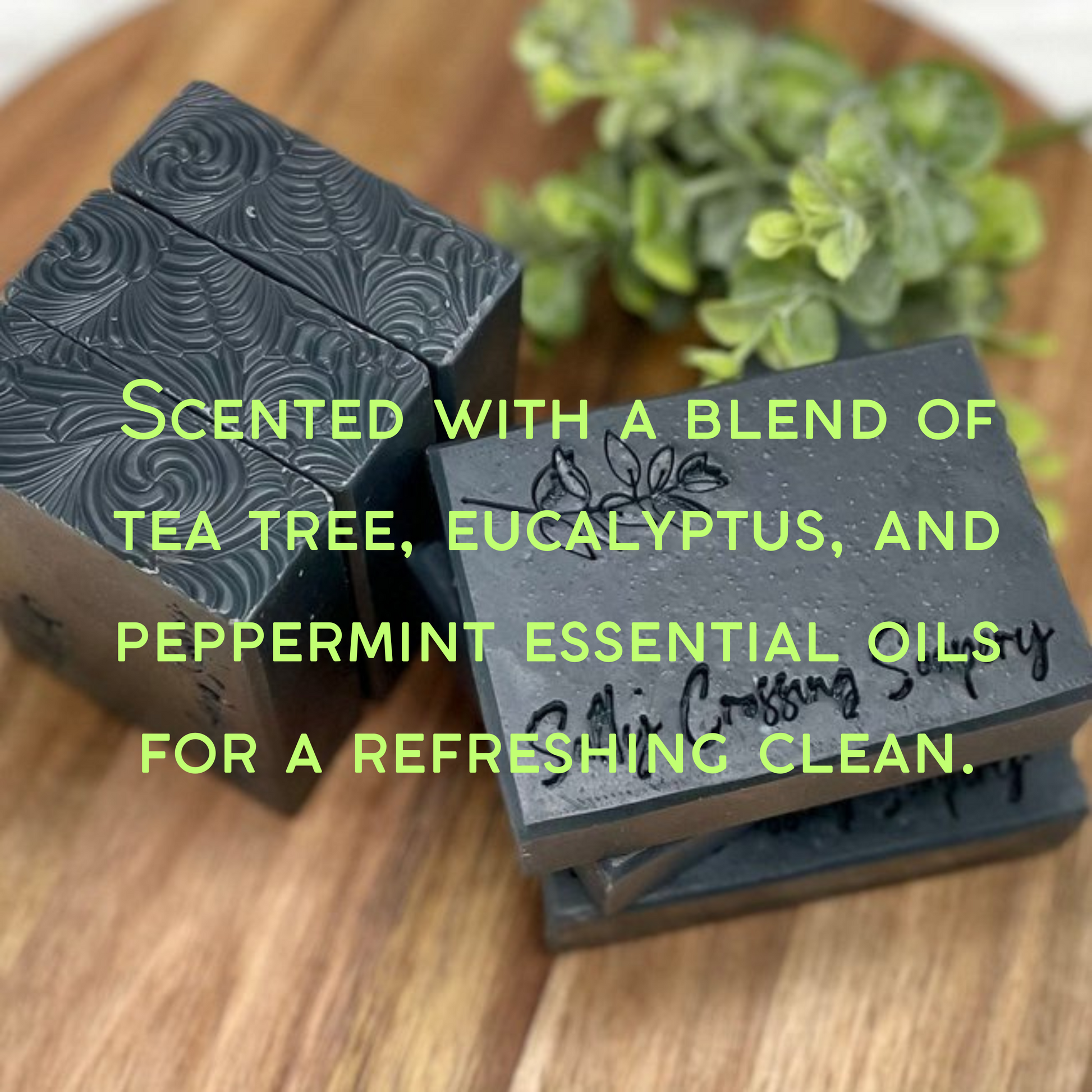 scented with a blend of tea tree, eucalyptus, and peppermint essential oils for a refreshing clean. graphic.