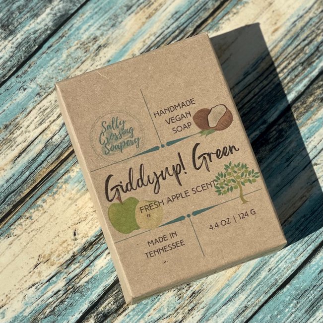 giddyup green coconut milk artisan soap box with graphics of apple tree and green apples