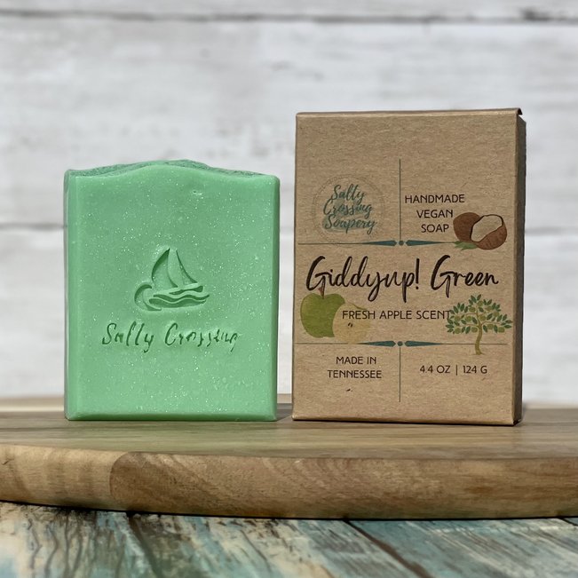giddyup green coconut milk artisan soap with  kraft color box. handmade in tennessee.