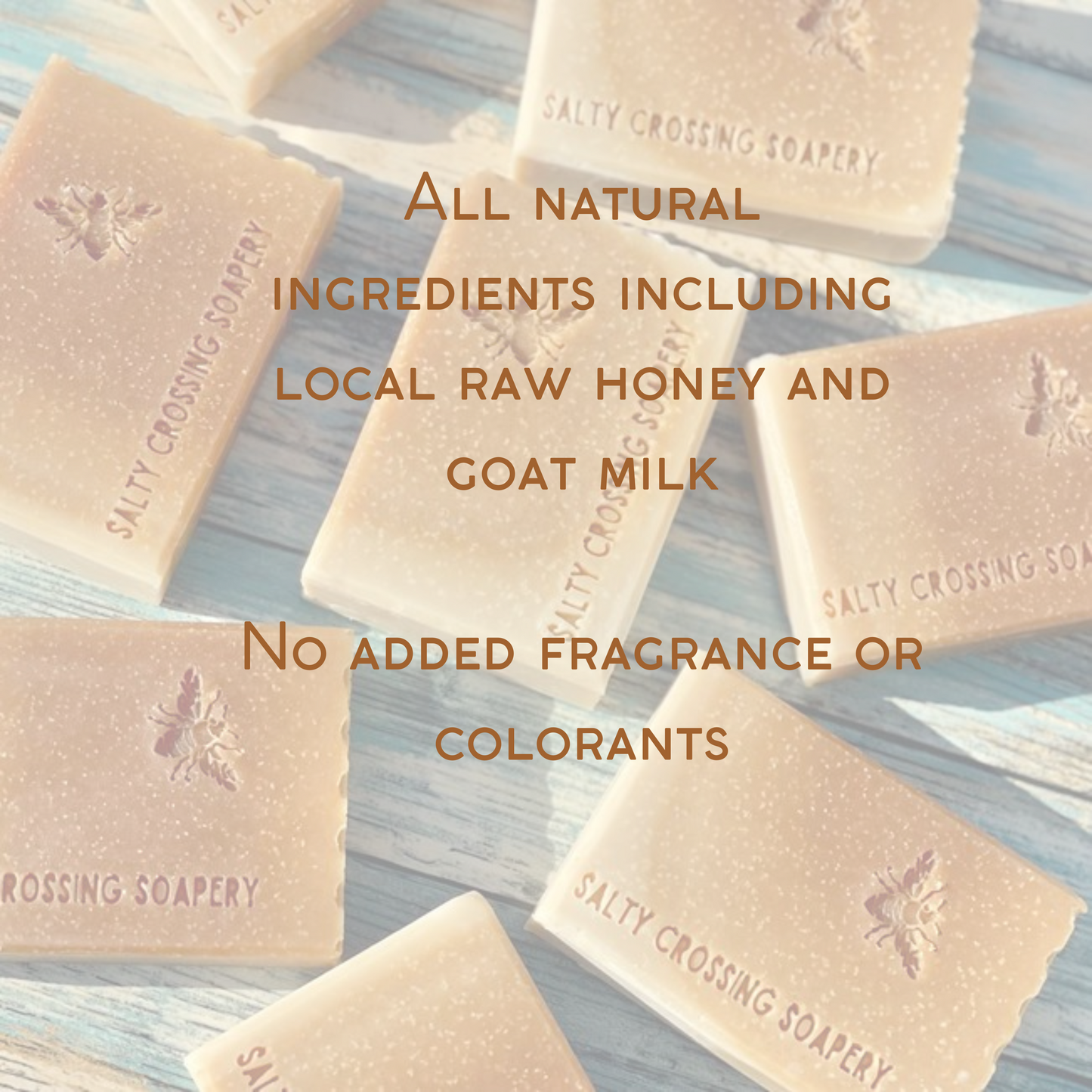 graphic. all natural ingredients including local raw honey and goat milk. no added fragrance or colorants.