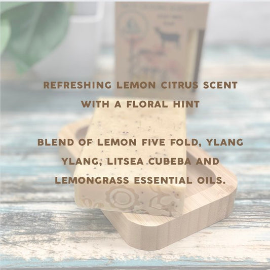 graphic: refreshing lemon citrus scent with a floral hint. blend of lemon five fold, ylang ylang, litsea cubeba and lemongrass essential oils.