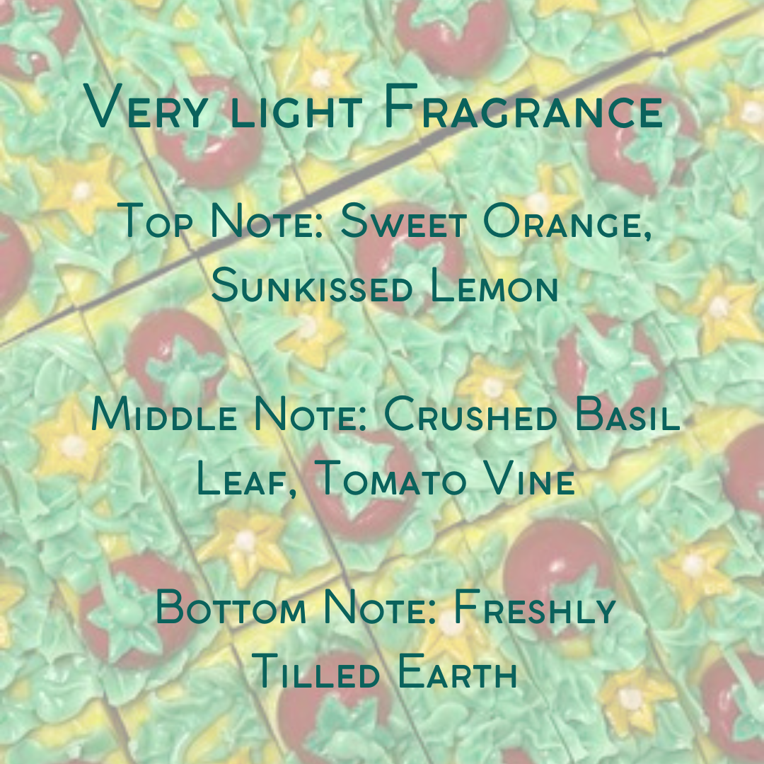 very light fragrance. top note sweet orange, sunkissed lemon. middle note crushed basil leaf, tomato vine. bottom note freshly tilled earth. graphic.