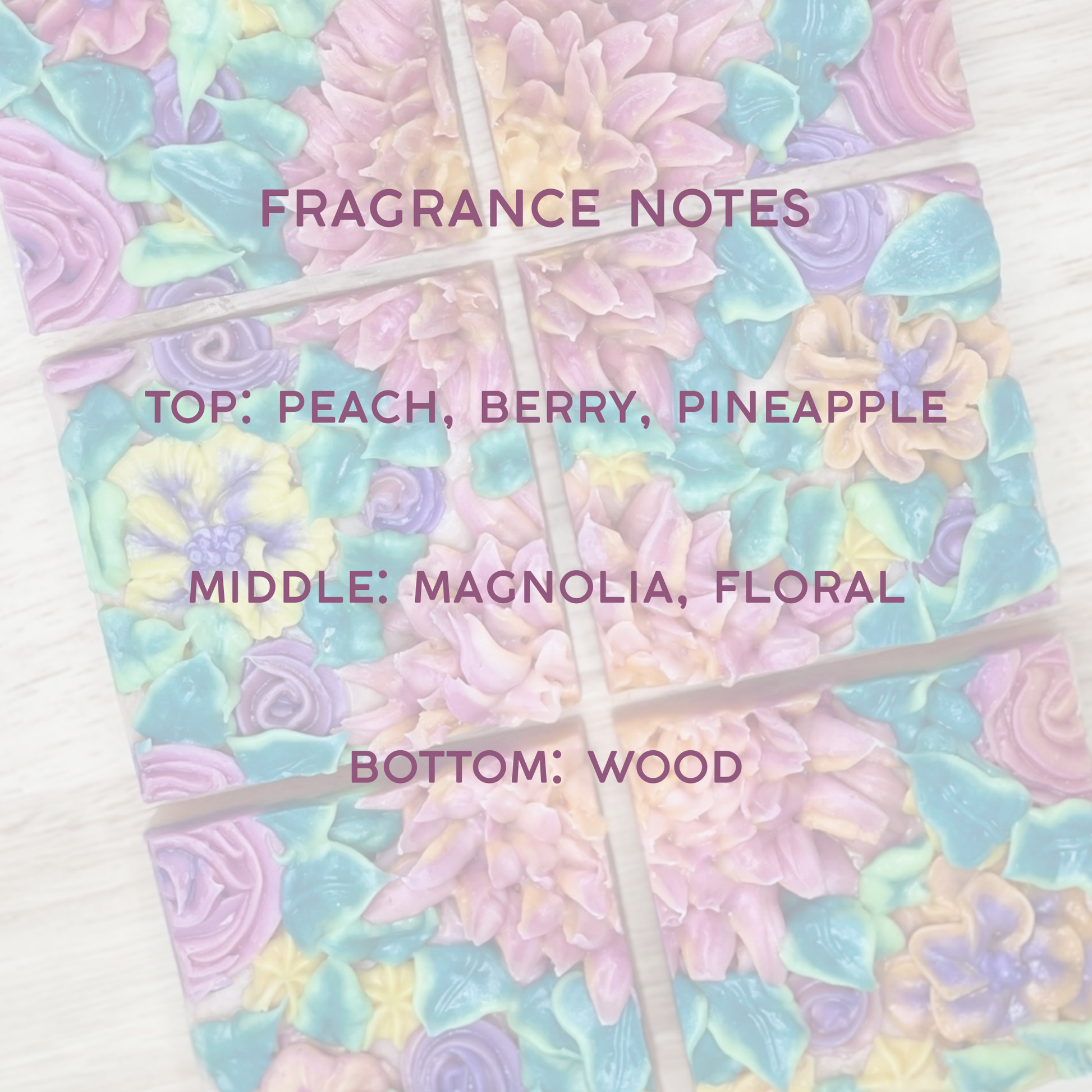 Pastel floral design with fragrance notes text overlay