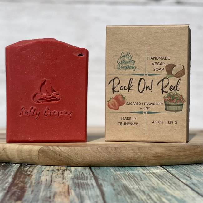 rock on red coconut milk artisan soap and box