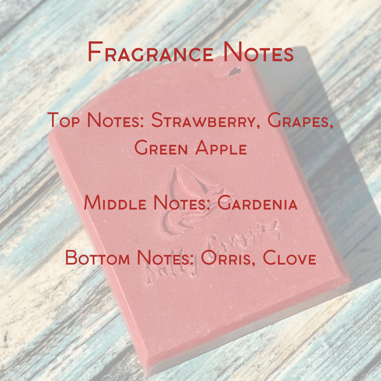fragrance notes graphic. top notes strawberry, grapes, green apple. middle notes gardenia. bottom notes orris and clove.