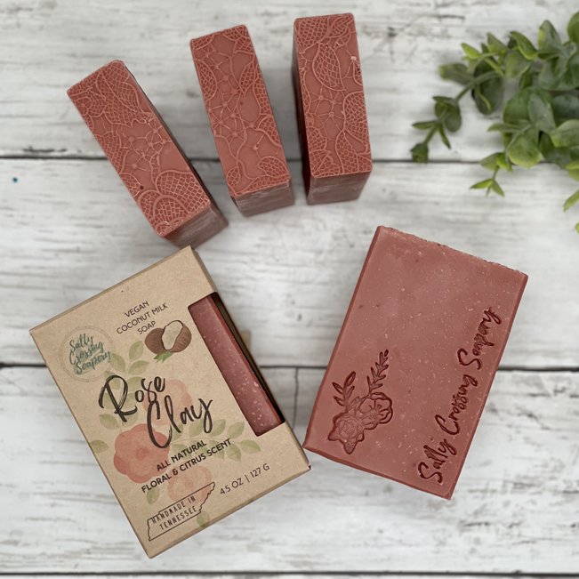 rose clay coconut milk soaps with lace textured tops