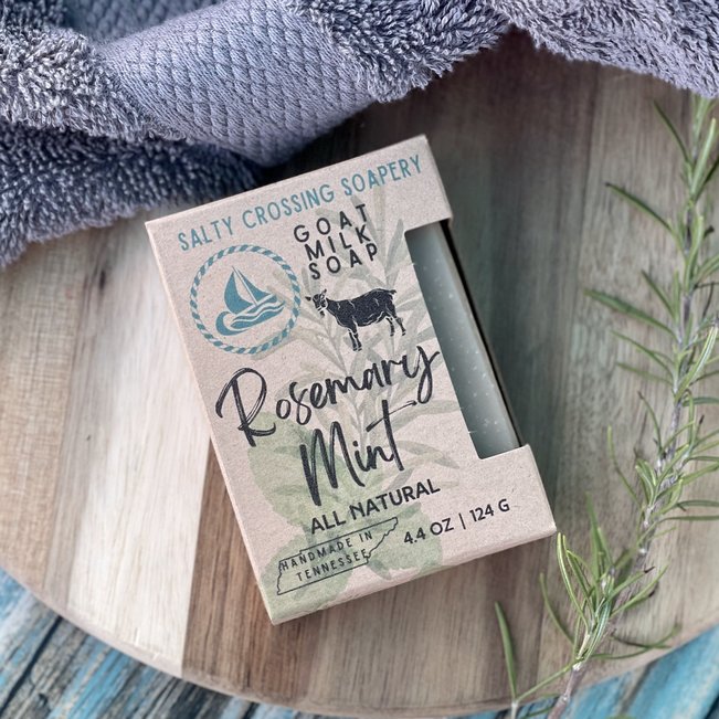 rosemary mint goat milk soap in box. all natural. salty crossing soapery. handmade in tennessee.