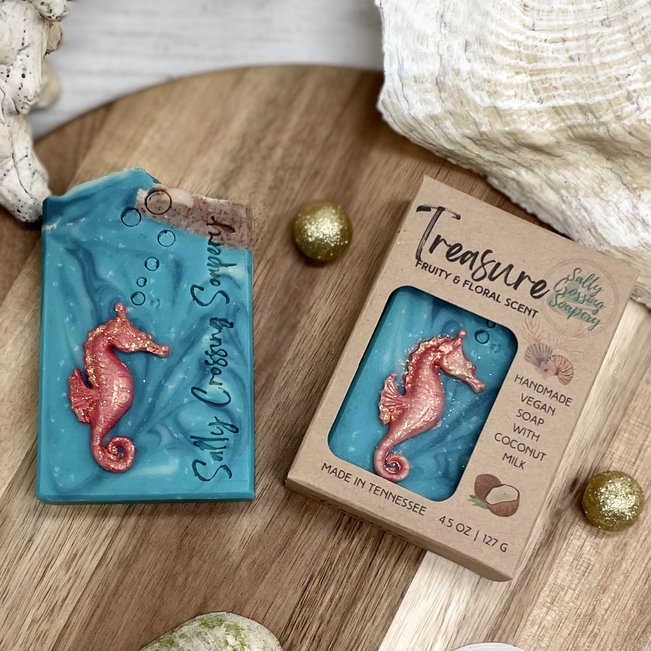 treasure coconut milk soap with fancy seahorse on front.