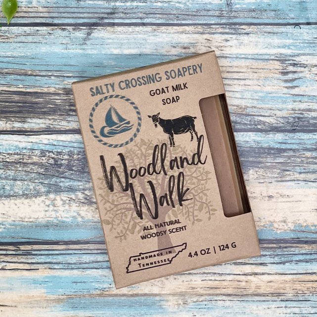 Woodland walk goat milk soap in box. Kraft paperboard box with color print and graphics