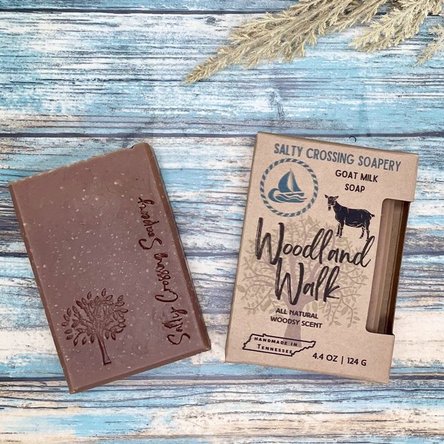 Woodland walk goat milk soap. Brown bar stamped with oak tree graphic and text salty crossing Soapery