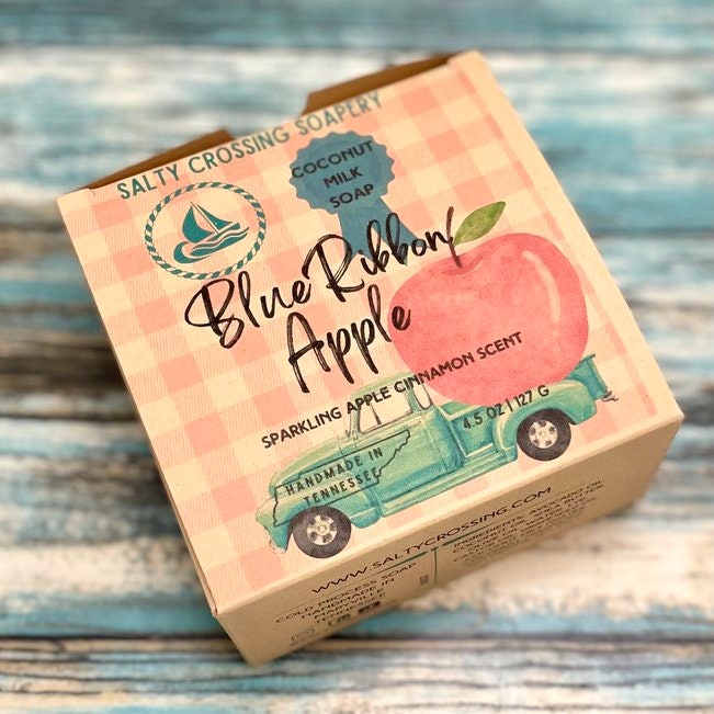 blue ribbon apple box close up. salty crossing soapery. handmade in tennessee.