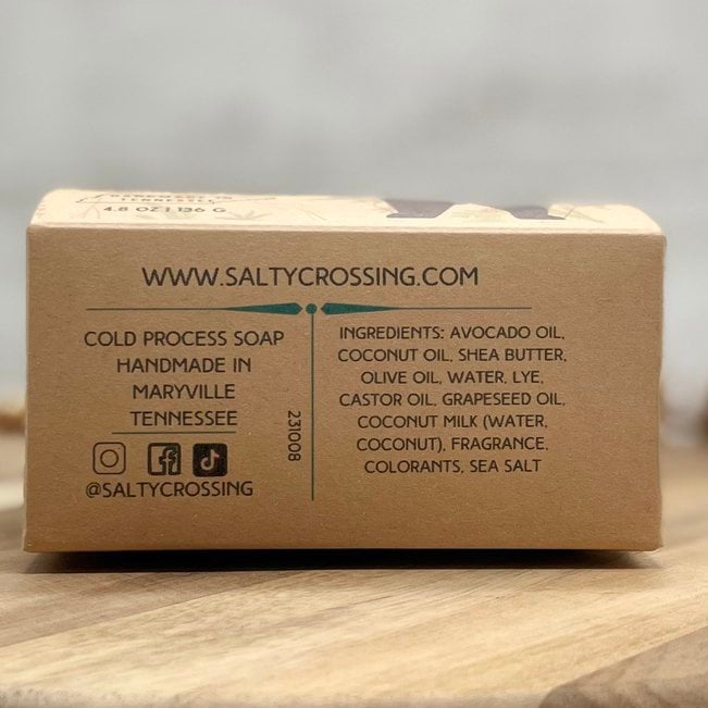 box side panel. cold process soap handmade in maryville tennessee. ingredient list.