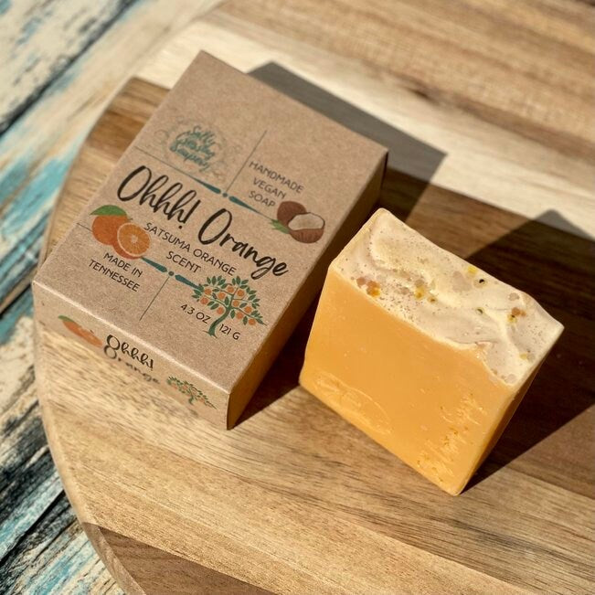 Ohhh! Orange coconut milk soap with kraft colored box. orange tree and oranges on box with handmade in Tennessee.