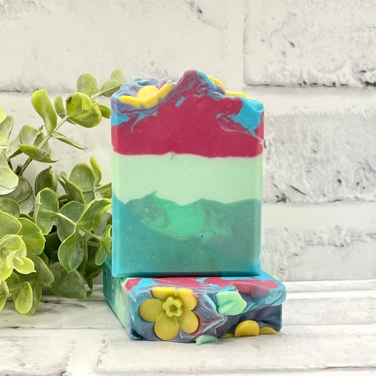 Vegan soap with watermelon colored layers