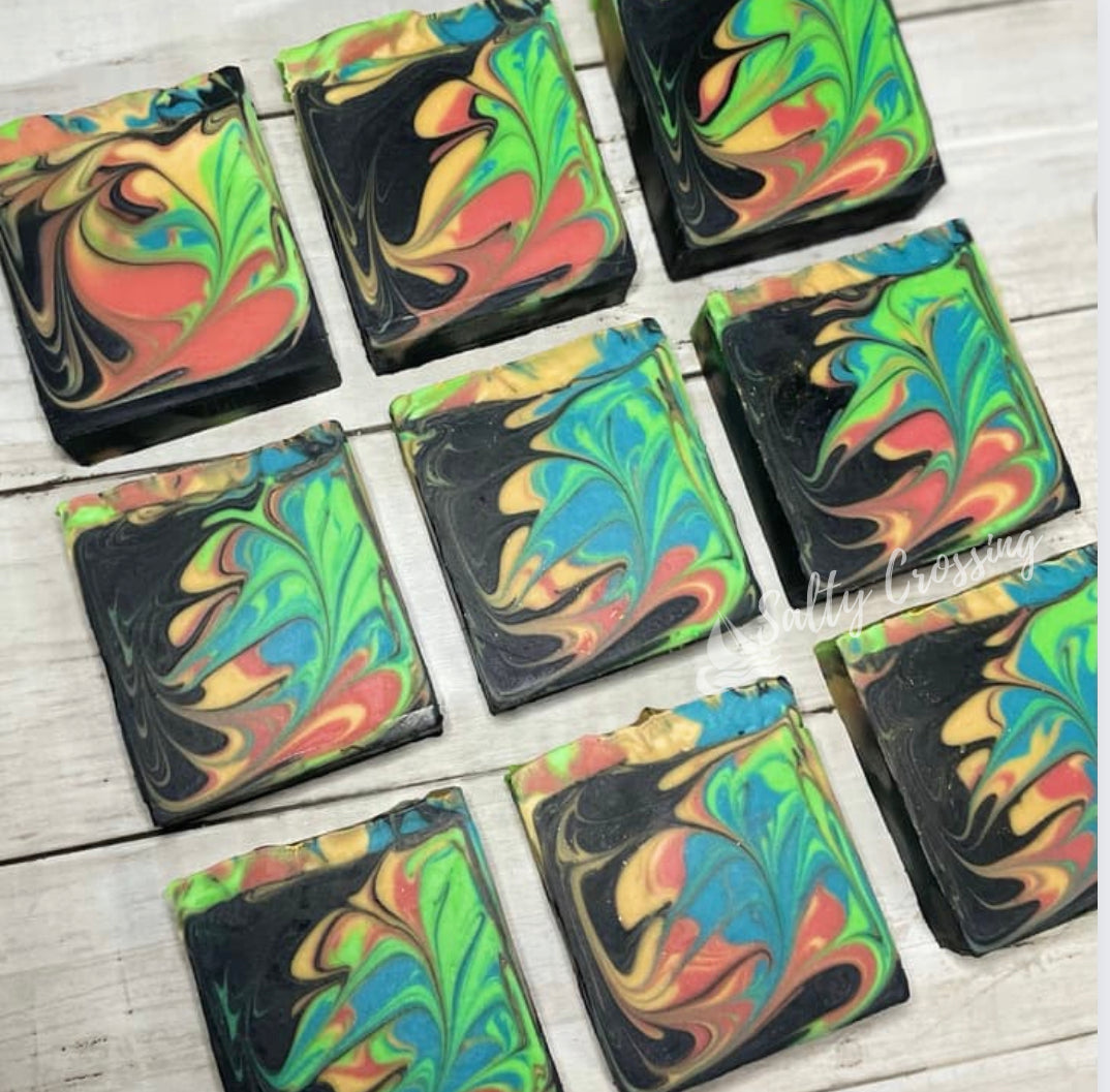 Collection of colorful black swirled soaps