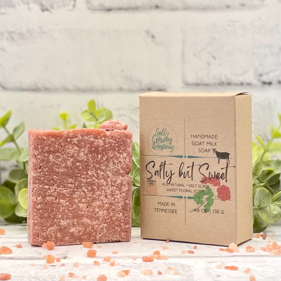 Salty but Sweet soap box with bar of pink salt soap