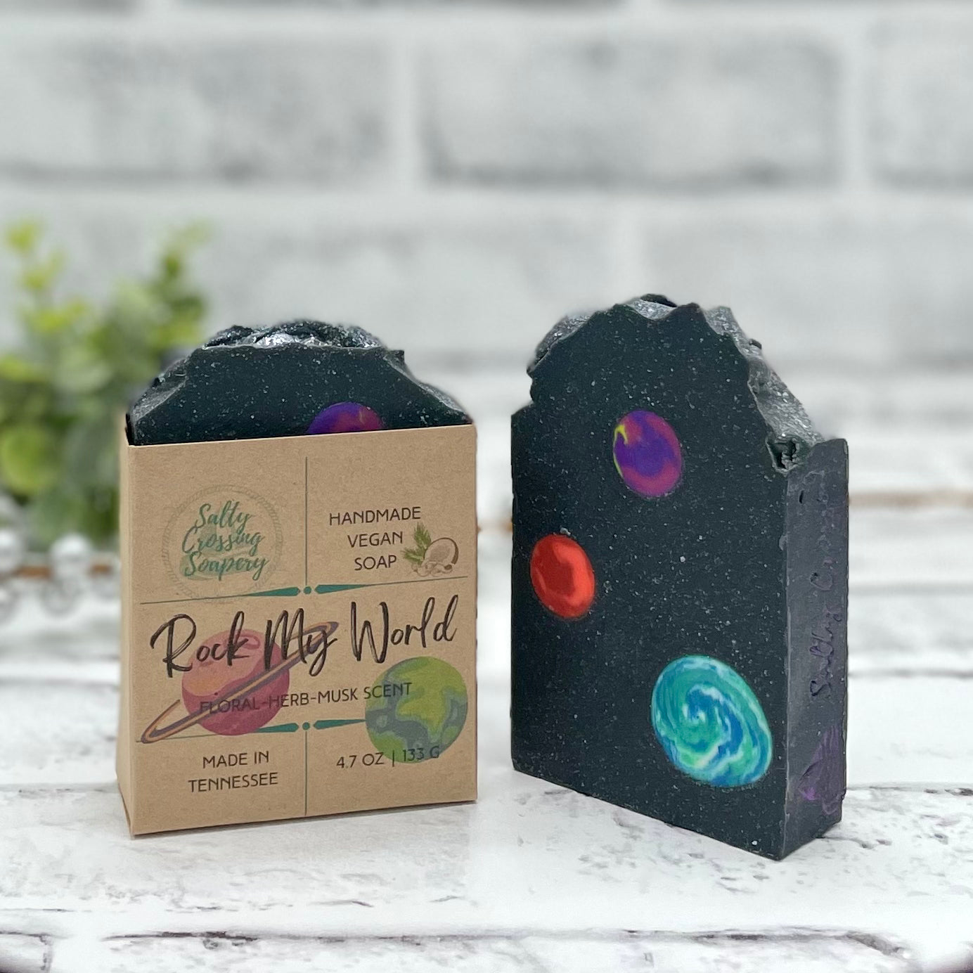 Rock my world soap box and black soap with sparkles and embedded planet design 